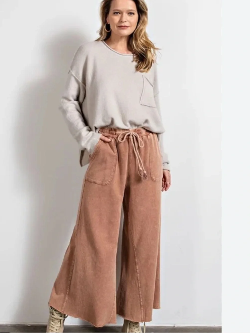EASEL MINERAL WASH TERRY KNIT WIDE LEG PANT (417)
